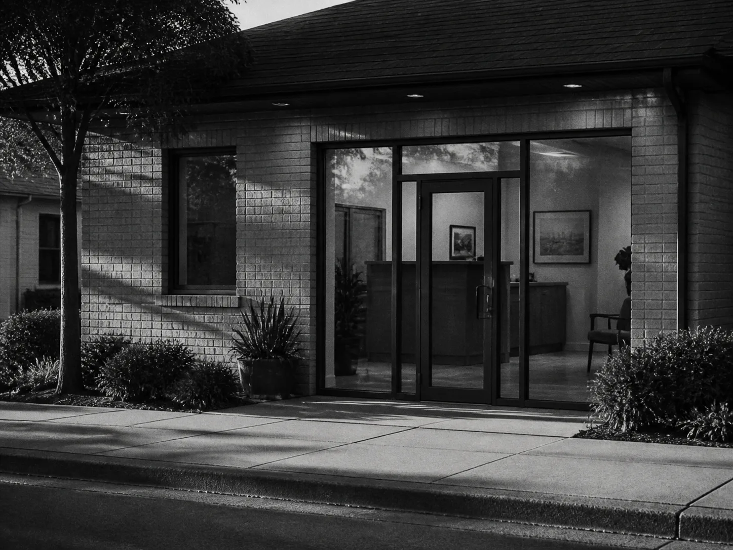 AI-generated scene of a fictional practice entrance; not a wayfinding photograph.