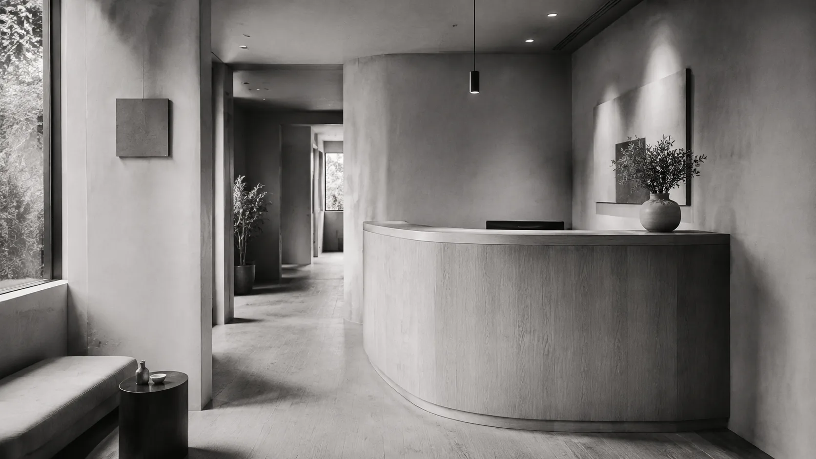AI-generated scene of a timber reception desk.
