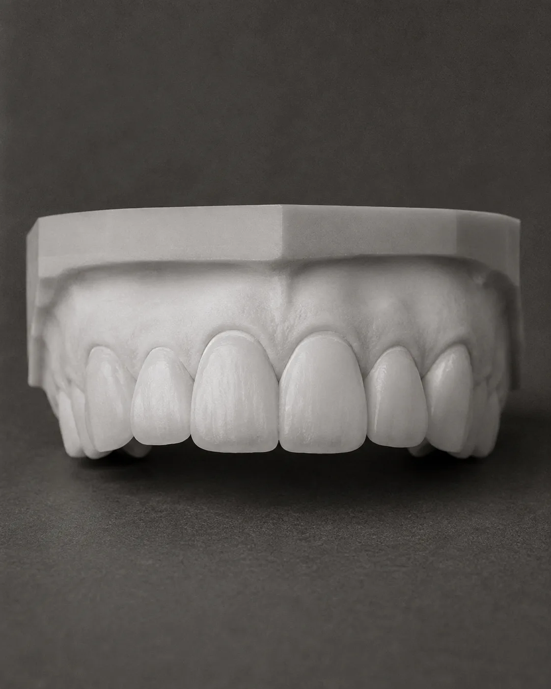 AI-generated dental teaching model: veneers trial. Illustrative only; not a patient outcome.
