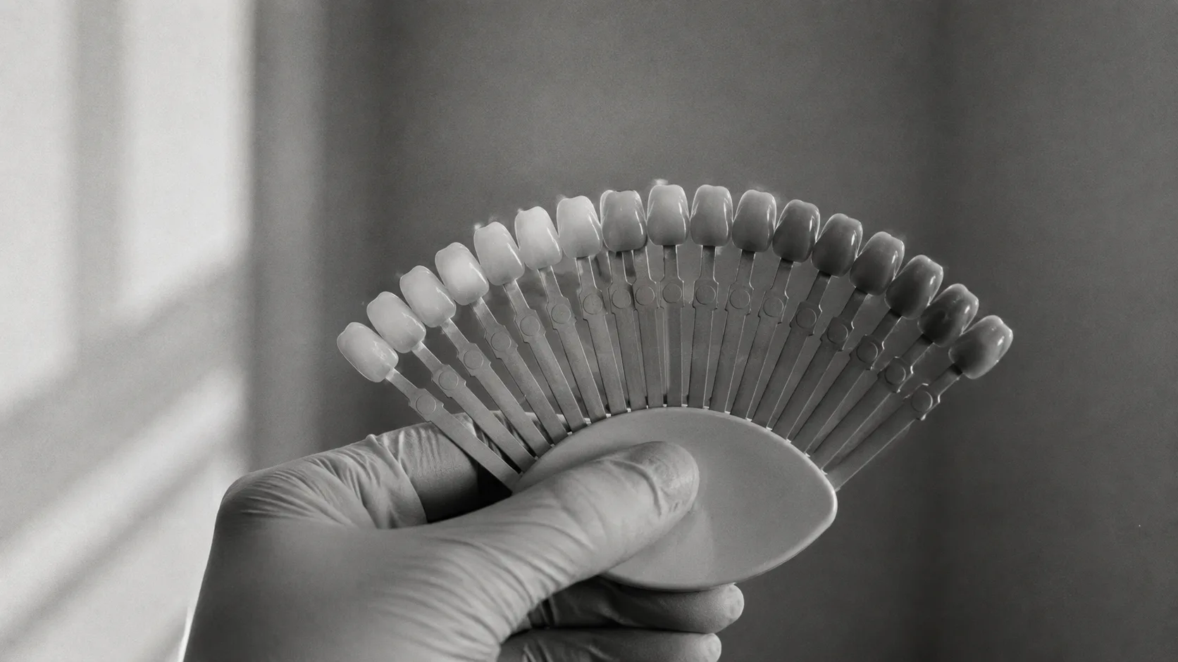 Illustrative dental shade guide held in a gloved hand.